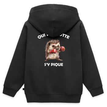 Qui s'y frotte s'y pique, hérisson boxeur Humour - Sweat Premium à capuche zippé enfant bio - noir - Dos - AI Model Kid Male (0cm)