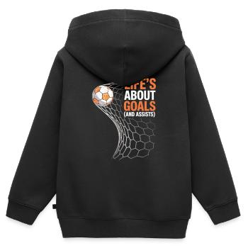 Leben ist wie Fußball – Tore & Assists - Kinder Premium Organic Zip Hoodie - Schwarz - Hinten - AI Model Kid Male (0cm)