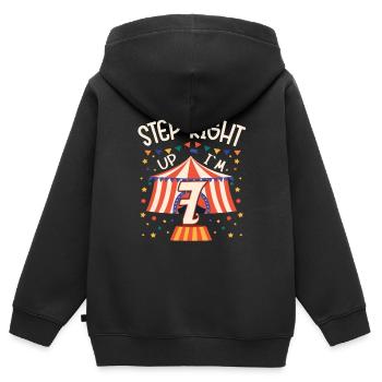 Fête d’anniversaire cirque - 7ème anniversaire garçon 7 ans - Sweat Premium à capuche zippé enfant bio - noir - Dos - AI Model Kid Male (0cm)