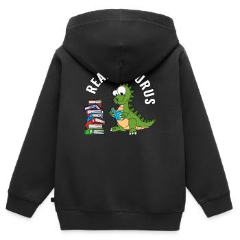 Rat de lecture Jeunes enfants Dinosaures Lire le livre - Sweat Premium à capuche zippé enfant bio - noir - Dos - AI Model Kid Male (0cm)