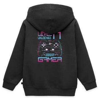 11e anniversaire niveau 11 Complete Retro Jeu des garçons - Sweat Premium à capuche zippé enfant bio - noir - Dos - AI Model Kid Male (0cm)