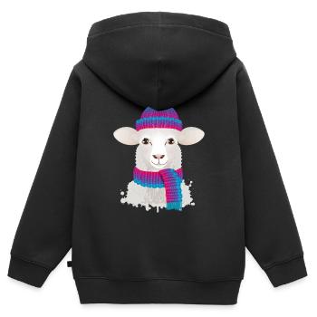 weißes Schaf mit bunter Pudelmütze & Strick Schal - Kinder Premium Organic Zip Hoodie - Schwarz - Hinten - AI Model Kid Male (0cm)