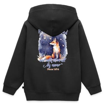Fox Bible Verse Christian - Sweat Premium à capuche zippé enfant bio - noir - Dos - AI Model Kid Male (0cm)