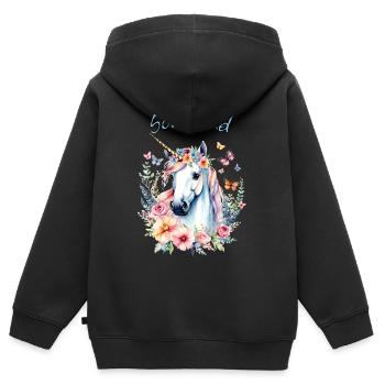 Romantisches Einhorn Blumenkranz - Schulkind 2026 - Kinder Premium Organic Zip Hoodie - Schwarz - Hinten - AI Model Kid Male (0cm)