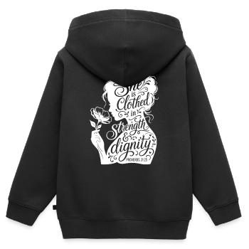 Gekleidet in Stärke und Würde - Kinder Premium Organic Zip Hoodie - Schwarz - Hinten - AI Model Kid Male (0cm)