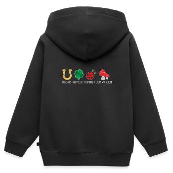 Symboles chanceux Fer à cheval Trèfle à feuilles Champignon de coccinelle - Sweat Premium à capuche zippé enfant bio - noir - Dos - AI Model Kid Male (0cm)