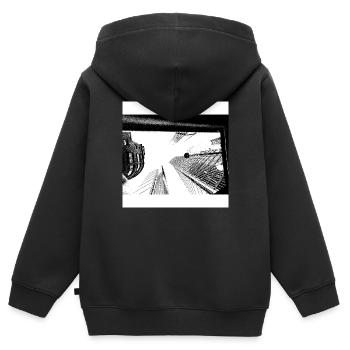Ville monochrome - Sweat Premium à capuche zippé enfant bio - noir - Dos - AI Model Kid Male (0cm)