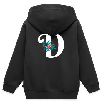 lettre D fleuris - Sweat Premium à capuche zippé enfant bio - noir - Dos - AI Model Kid Male (0cm)