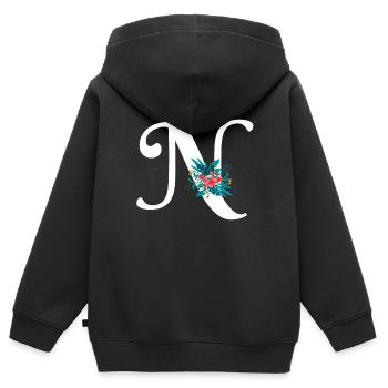 lettre N fleuris - Sweat Premium à capuche zippé enfant bio - noir - Dos - AI Model Kid Male (0cm)