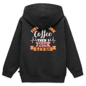 ERST TRINKE ICH KAFFEE UND RETTE DANN LEBEN - Kinder Premium Organic Zip Hoodie - Schwarz - Hinten - AI Model Kid Male (0cm)