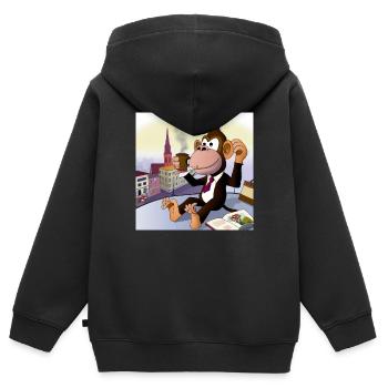 Cooler Affe trinkt im Cafè einen Latte Macchiato - Kinder Premium Organic Zip Hoodie - Schwarz - Hinten - AI Model Kid Male (0cm)