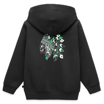Totenkopf mit weißem und grünem indischen Kopfschmuck - Kinder Premium Organic Zip Hoodie - Schwarz - Hinten - AI Model Kid Male (0cm)