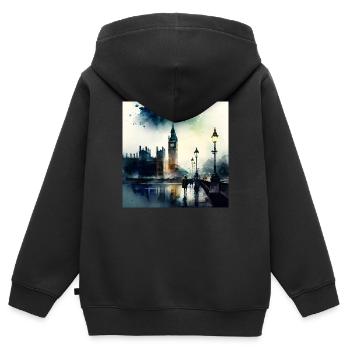 Paysage de Londres Big Ben Aquarell - Sweat Premium à capuche zippé enfant bio - noir - Dos - AI Model Kid Male (0cm)