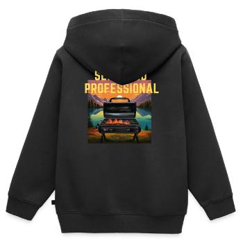 Grillmaster - BBQ Shirt, Seasoned professional BBQ - Kinder Premium Organic Zip Hoodie - Schwarz - Hinten - AI Model Kid Male (0cm)