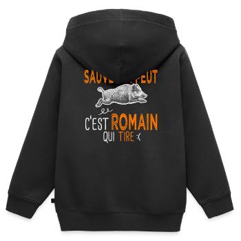 Romain c est romain qui tire Humour Chasseur - Sweat Premium à capuche zippé enfant bio - noir - Dos - AI Model Kid Male (0cm)