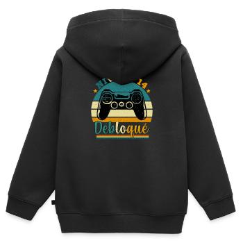 Niveau 14 Débloqué - Gamer Anniversaire 14 ans - Sweat Premium à capuche zippé enfant bio - noir - Dos - AI Model Kid Male (0cm)
