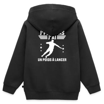 J'peux pas j'ai un Poids à Lancer/ lancer du poids - Sweat Premium à capuche zippé enfant bio - noir - Dos - AI Model Kid Male (0cm)
