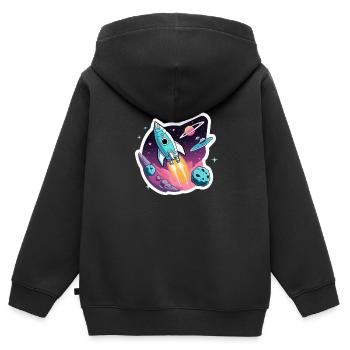 Rakete fliegt durch den Weltraum - Kinder Premium Organic Zip Hoodie - Schwarz - Hinten - AI Model Kid Male (0cm)