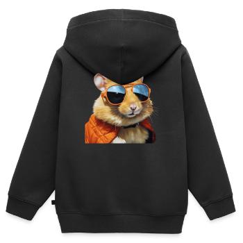 Hamster avec lunettes, flirt, hamster drôle - Sweat Premium à capuche zippé enfant bio - noir - Dos - AI Model Kid Male (0cm)