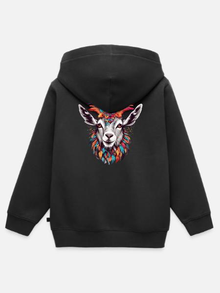 Ziege mit buntem Federschmuck - Kinder Premium Organic Zip Hoodie - Schwarz