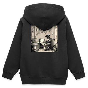 Hund, der im Badezimmer Zeitung liest ,retro look - Kinder Premium Organic Zip Hoodie - Schwarz - Hinten - AI Model Kid Male (0cm)