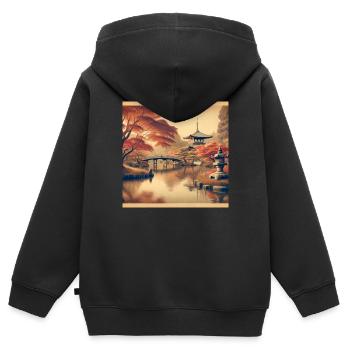 Soirée de l’étang vintage du Japon - Sweat Premium à capuche zippé enfant bio - noir - Dos - AI Model Kid Male (0cm)