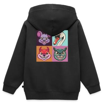 Pop Art Cygne Souris Écureuil Hibou Sourire - Sweat Premium à capuche zippé enfant bio - noir - Dos - AI Model Kid Male (0cm)