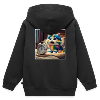 Chat avec réveil - Sweat Premium à capuche zippé enfant bio - noir - Dos - AI Model Kid Male (0cm)