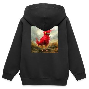 Petit oiseau rouge ébouriffé aux yeux jaunes - Sweat Premium à capuche zippé enfant bio - noir - Dos - AI Model Kid Male (0cm)