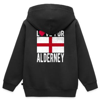 Souvenir d’Aurigny - Sweat Premium à capuche zippé enfant bio - noir - Dos - AI Model Kid Male (0cm)