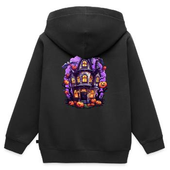 Bande dessinée Halloween Maison hantée - Sweat Premium à capuche zippé enfant bio - noir - Dos - AI Model Kid Male (0cm)