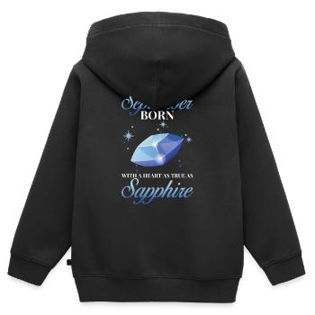 Pierre de naissance Septembre Saphir - Sweat Premium à capuche zippé enfant bio - noir - Dos - AI Model Kid Male (0cm)