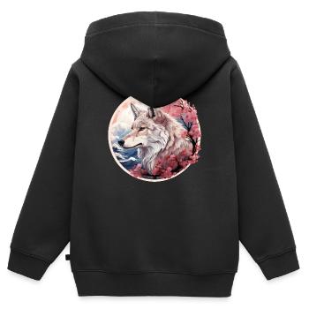 Japanischer Wolf, Kirschblüte - Kinder Premium Organic Zip Hoodie - Schwarz - Hinten - AI Model Kid Male (0cm)