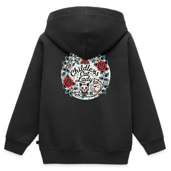 Kinderlose Katzendame - Kinder Premium Organic Zip Hoodie - Schwarz - Hinten - AI Model Kid Male (0cm)