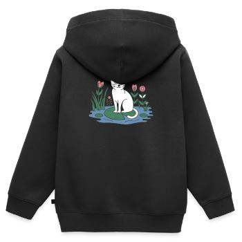 Chat cottagecore sur nénuphar dans le jardin - Sweat Premium à capuche zippé enfant bio - noir - Dos - AI Model Kid Male (0cm)