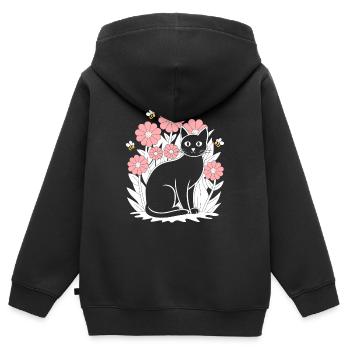 Cottagecore Idylle : Chat noir avec des fleurs et - Sweat Premium à capuche zippé enfant bio - noir - Dos - AI Model Kid Male (0cm)
