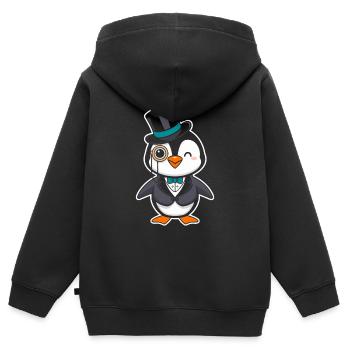 Pingouin élégant avec chapeau haut de forme et monocle - Sweat Premium à capuche zippé enfant bio - noir - Dos - AI Model Kid Male (0cm)