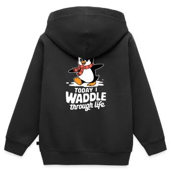 Aujourd’hui, je me dandine dans la vie Pingouin - Sweat Premium à capuche zippé enfant bio - noir - Dos - AI Model Kid Male (0cm)