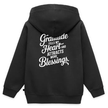 Manifestieren von Fülle Zitat: Dankbarkeit Füllt - Kinder Premium Organic Zip Hoodie - Schwarz - Hinten - AI Model Kid Male (0cm)