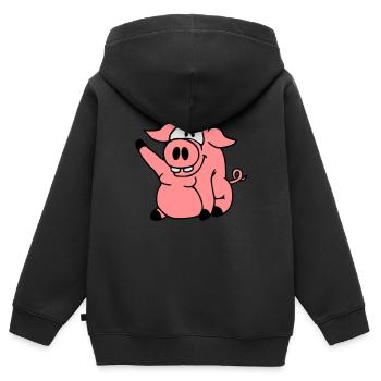 Niedliches Cartoon Comic Schwein Winkt Freundlich - Kinder Premium Organic Zip Hoodie - Schwarz - Hinten - AI Model Kid Male (0cm)