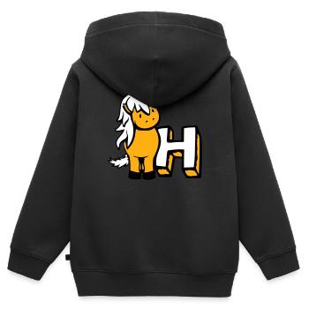 Cheval H Cheval Lettre ABC École d’apprentissage de l’anglais - Sweat Premium à capuche zippé enfant bio - noir - Dos - AI Model Kid Male (0cm)