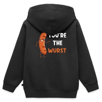Saucisse jeu de mots drôle - Sweat Premium à capuche zippé enfant bio - noir - Dos - AI Model Kid Male (0cm)