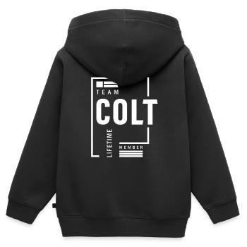 Colt Nom personnalisé Cadeau d’anniversaire - Sweat Premium à capuche zippé enfant bio - noir - Dos - AI Model Kid Male (0cm)