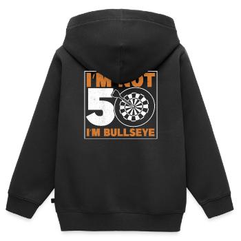 Je n’ai pas 50 ans Je suis Joueur de fléchettes Bullseye 50e anniversaire - Sweat Premium à capuche zippé enfant bio - noir - Dos - AI Model Kid Male (0cm)