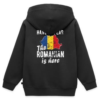 Fier Roumain Roumanie Origine Drapeau Roumain - Sweat Premium à capuche zippé enfant bio - noir - Dos - AI Model Kid Male (0cm)