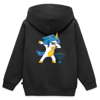 Licorne arc-en-ciel Yev Menorah Happy Hanukkah - Sweat Premium à capuche zippé enfant bio - noir - Dos - AI Model Kid Male (0cm)