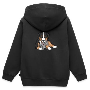 Appenzeller Sennenhund Kuscheltier Hund - Kinder Premium Organic Zip Hoodie - Schwarz - Hinten - AI Model Kid Male (0cm)