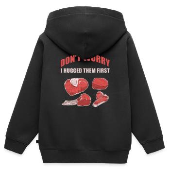 Keine Sorge, ich habe sie umarmt FIrst Funny Butch - Kinder Premium Organic Zip Hoodie - Schwarz - Hinten - AI Model Kid Male (0cm)