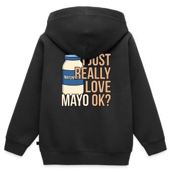 Idée cadeau bouteille de mayonnaise - Sweat Premium à capuche zippé enfant bio - noir - Dos - AI Model Kid Male (0cm)