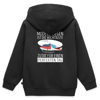 Modellfliegen Ist Die Wichtigste Zutat - Kinder Premium Organic Zip Hoodie - Schwarz - Hinten - AI Model Kid Male (0cm)